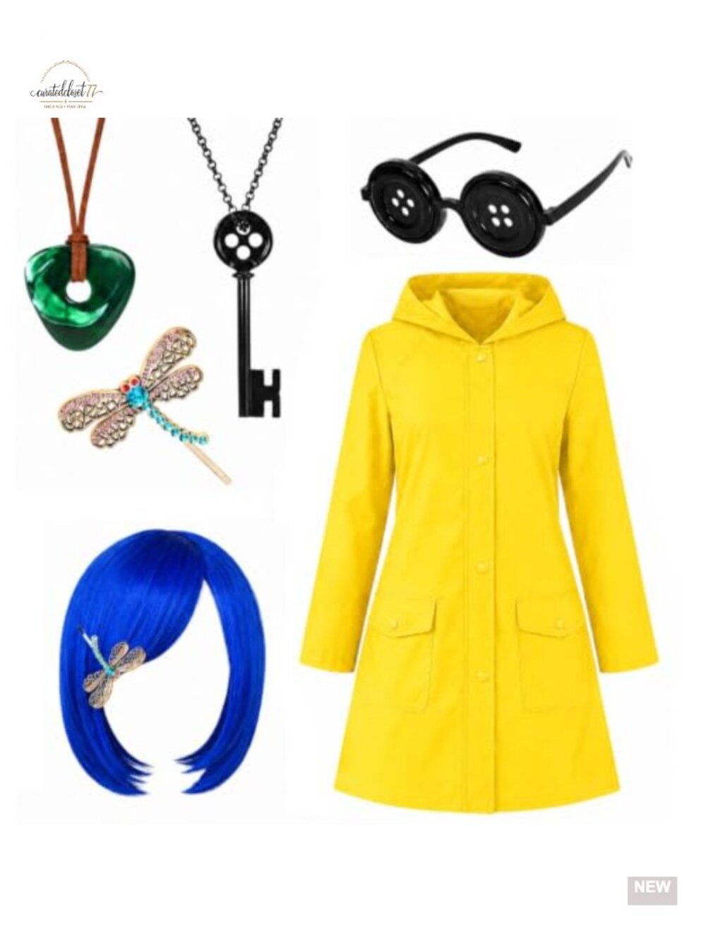 Kavoc Halloween Costume Set Hooded Raincoat Bob Wig Glasses Necklace Hair Clip